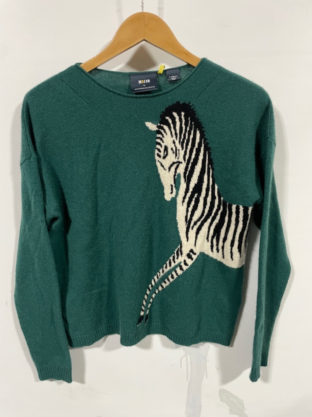 Maeve Green Crewneck 100% Cashmere Sweater with Zebra Intarsia EUC